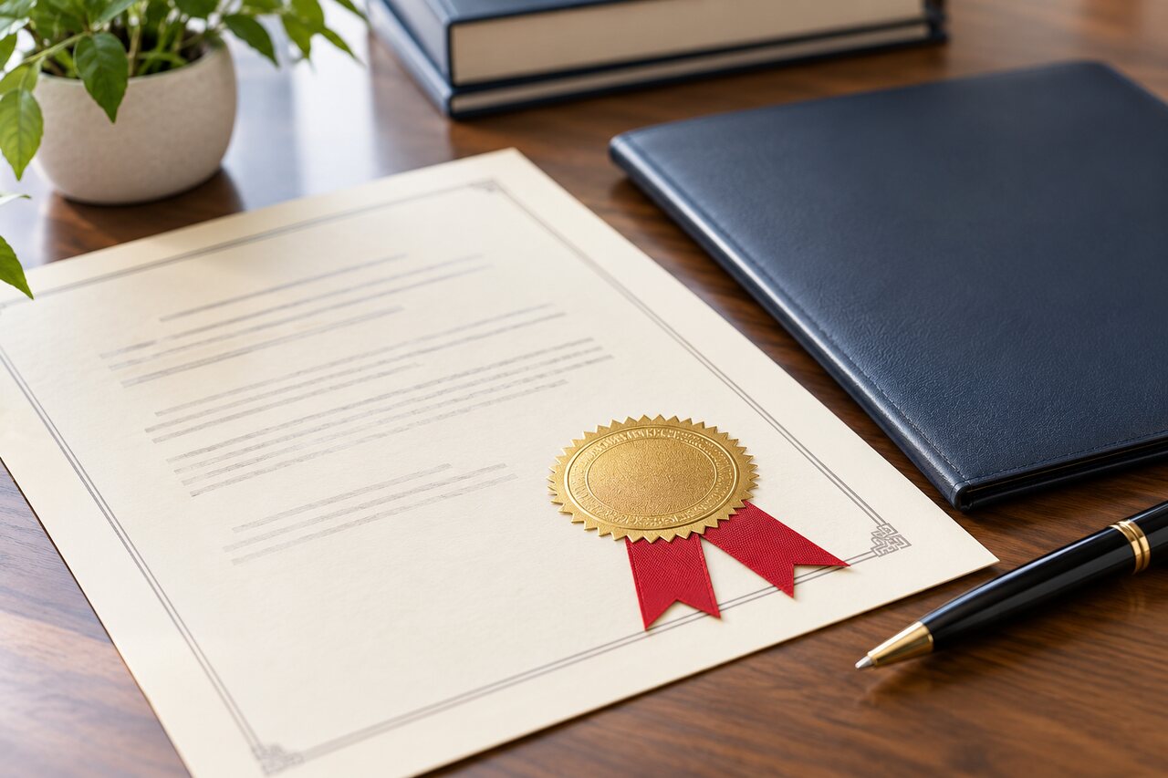 Certificate with a gold seal and document folder representing apostille services