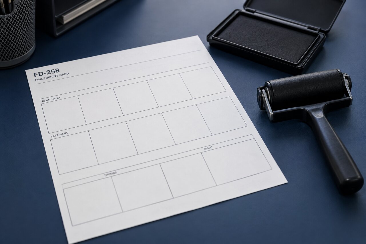 Blank FD-258 fingerprint card with professional ink roller and ink pad